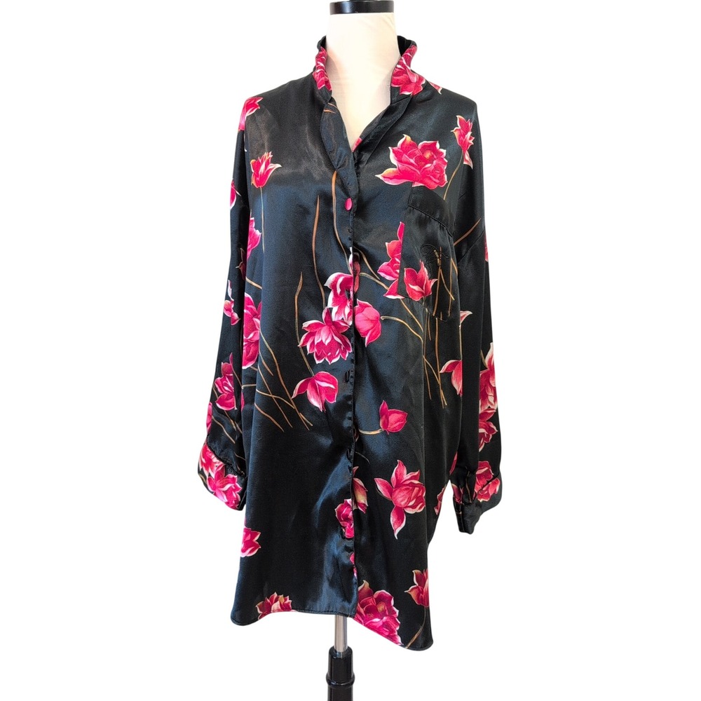 Victoria Secret Gold Label Vintage 90s Black Floral Satin Sleep Shirt Medium